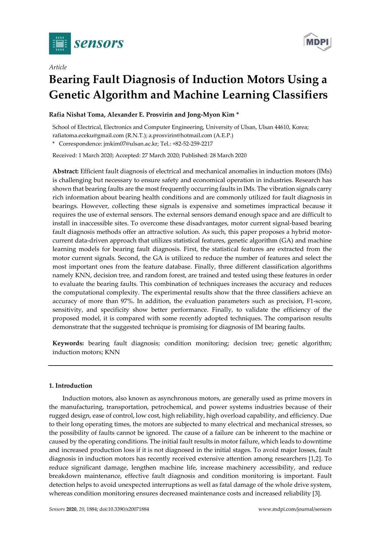 Bearing Fault Diagnosis of Induction Motors Using a Genetic Algorithm and Machine Learning Classifiers by Rafia Nishat Toma