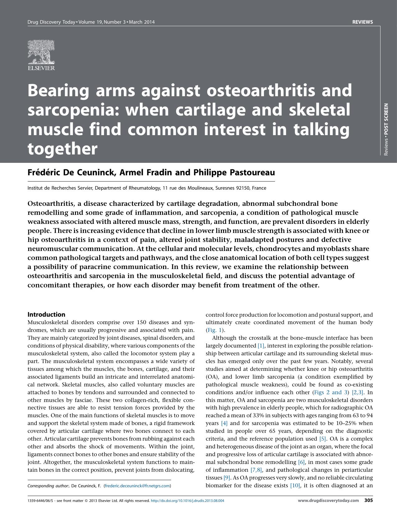 Bearing arms against osteoarthritis and sarcopenia: when cartilage and skeletal muscle find common interest in talking together by Frédéric De Ceuninck & Armel Fradin & Philippe Pastoureau