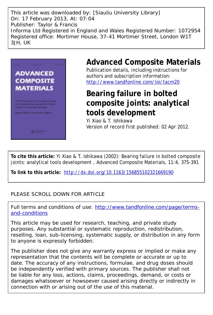 Bearing failure in bolted composite joints: analytical tools development by Yi Xiao & T. Ishikawa