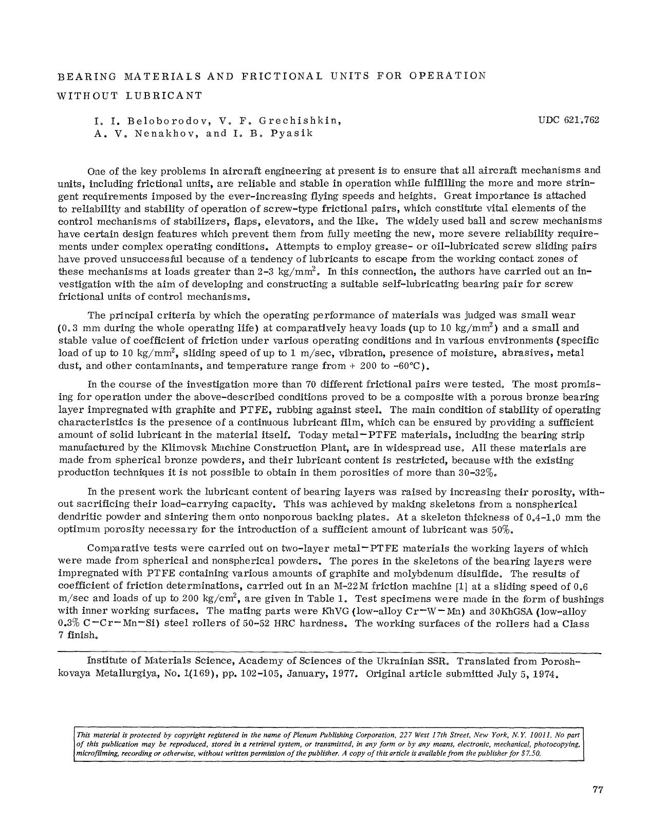 Bearing materials and frictional units for operation without lubricant by Unknown