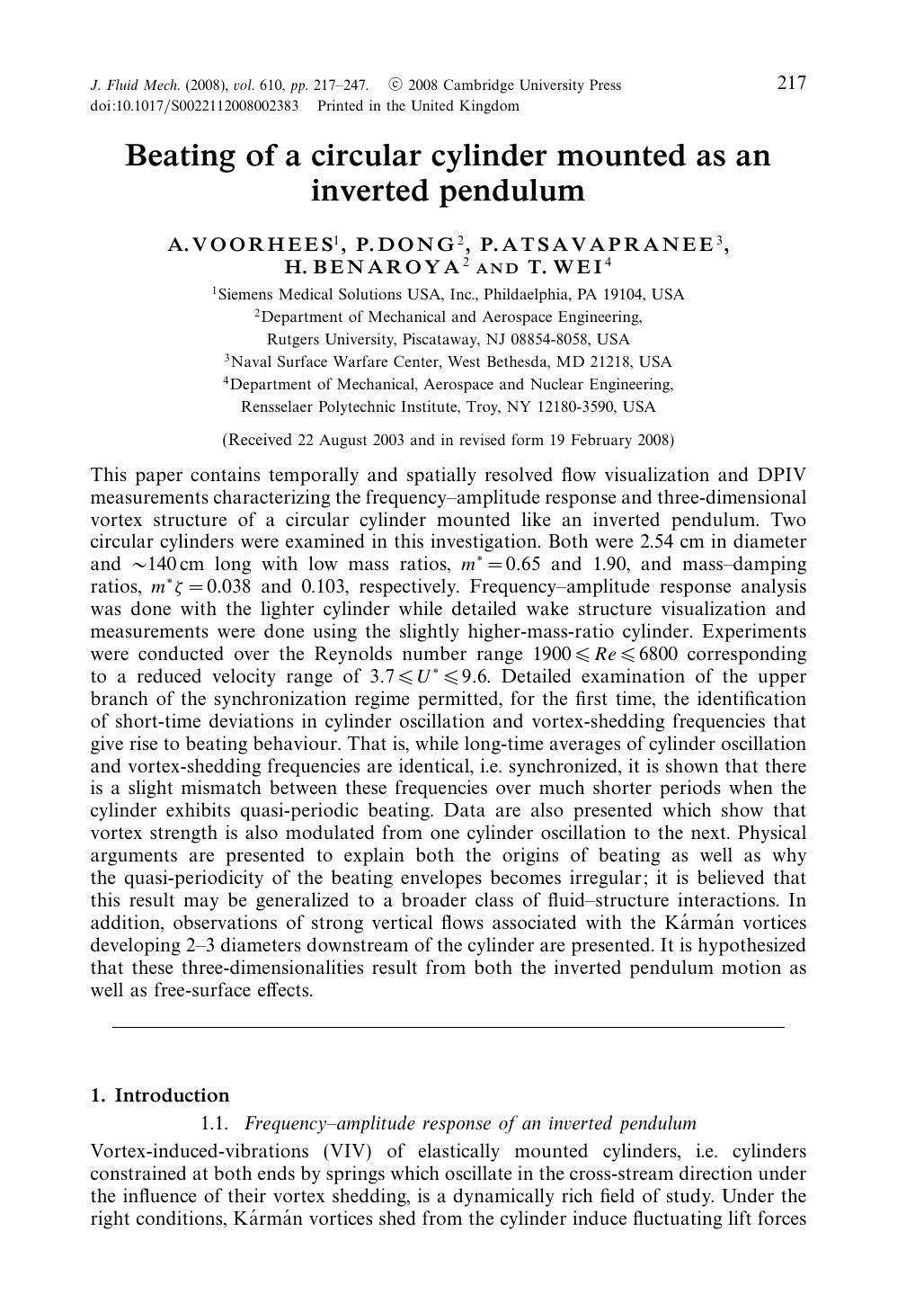 Beating of a circular cylinder mounted as an inverted pendulum by A. VOORHEES P. DONG P. ATSAVAPRANEE H. BENAROYA & T. WEI