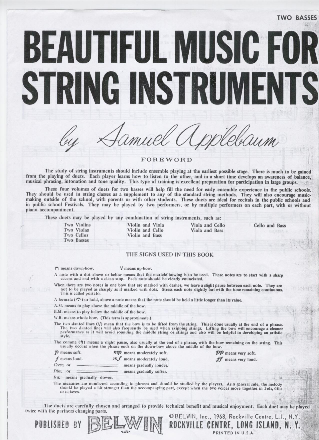 Beautiful Music For Two Bass String Instruments - Volume 1 by Applebaum Samuel