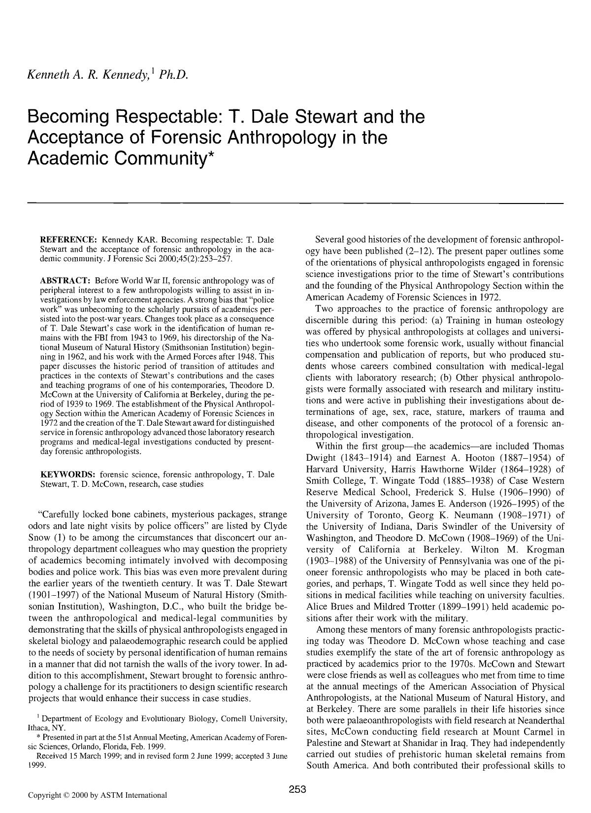 Becoming respectable: T. Dale Stewart and the acceptance of forensic anthropology in the academic community by Kennedy KAR