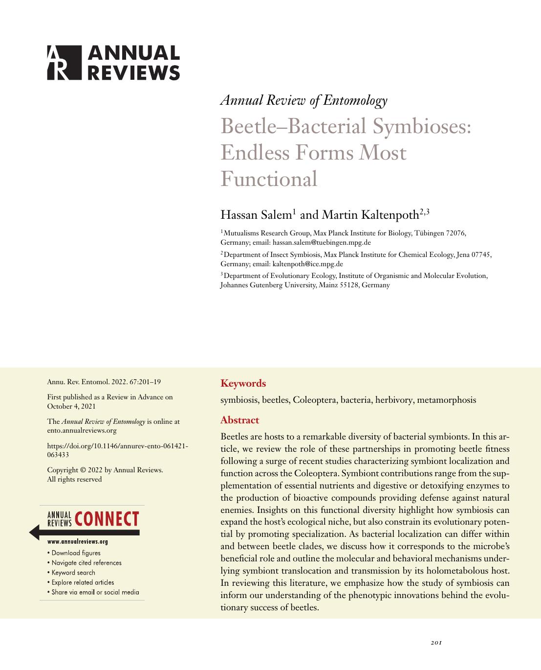BeetleâBacterial Symbioses: Endless Forms Most Functional by Hassan Salem and Martin Kaltenpoth