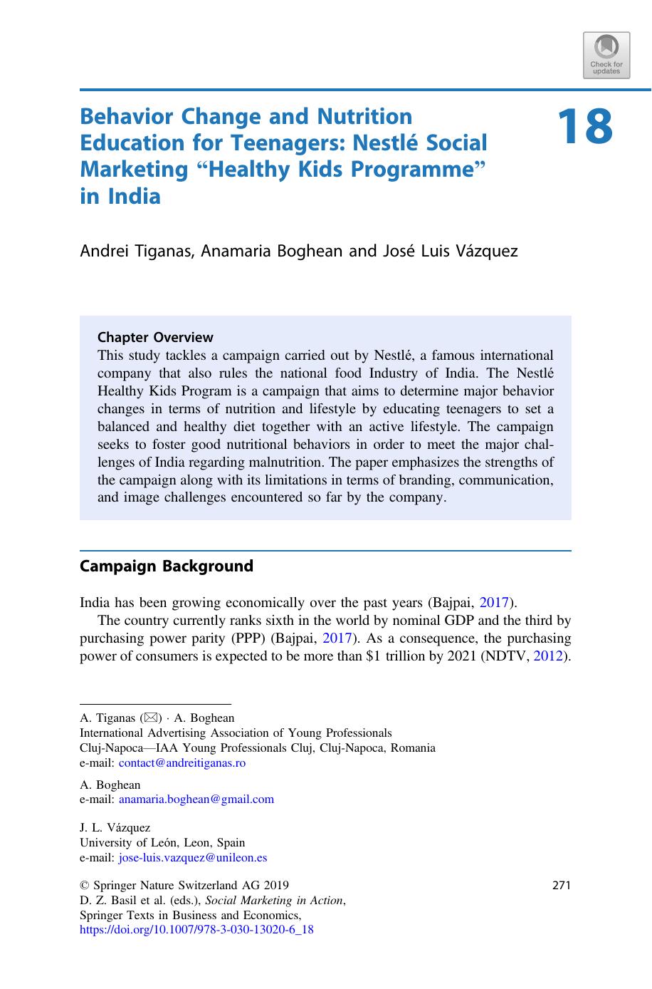 Behavior Change and Nutrition Education for Teenagers: NestlÃ© Social Marketing âHealthy Kids Programmeâ in India by Andrei Tiganas & Anamaria Boghean & José Luis Vázquez