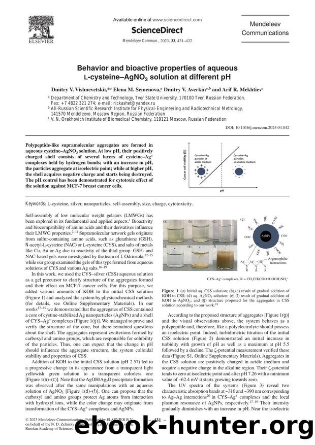 Behavior and bioactive properties of aqueous L-cysteineâAgNO3 solution at different pH by Dmitry V. Vishnevetskii & Elena M. Semenova & Dmitry V. Averkin & Arif R. Mekhtiev