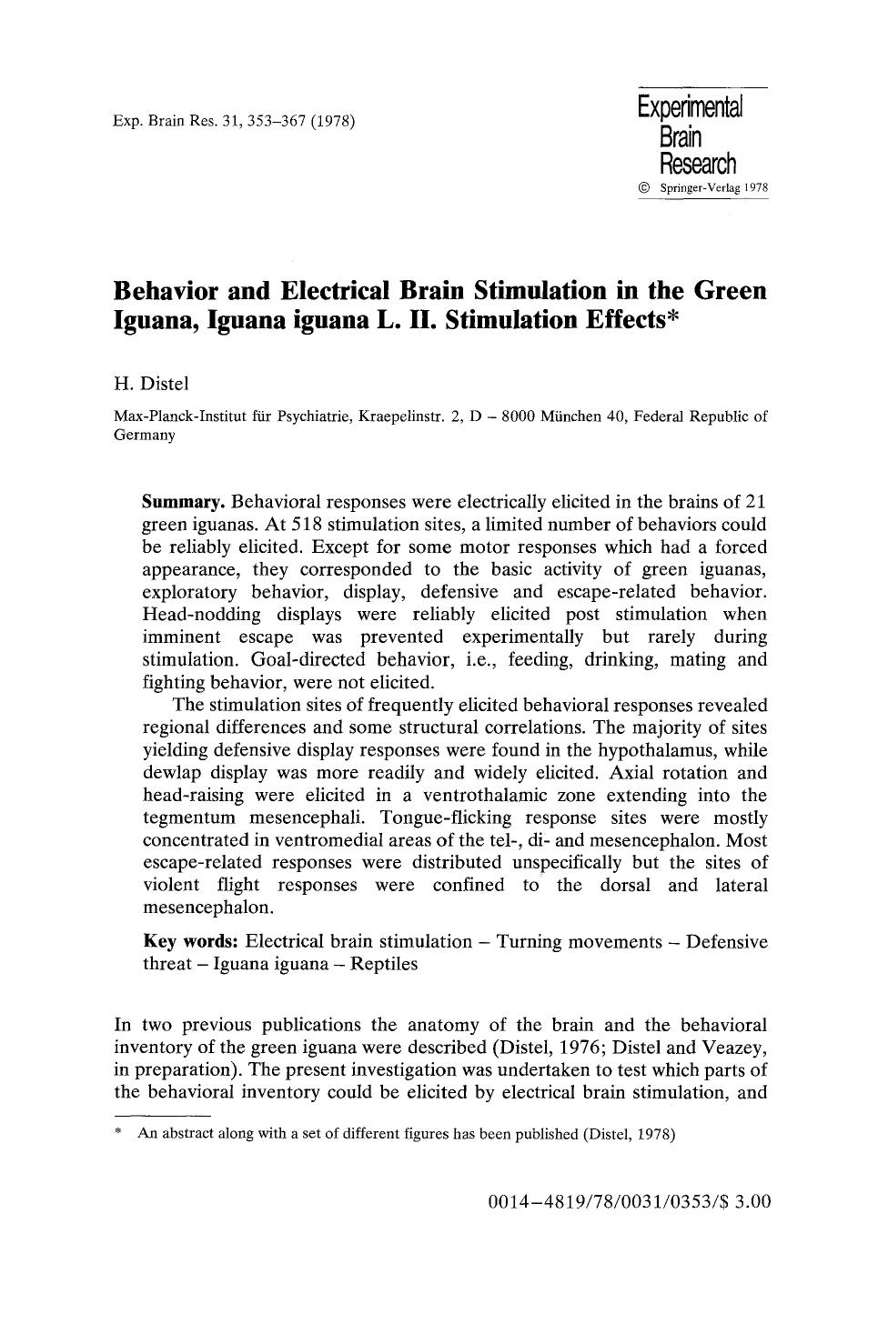 Behavior and electrical brain stimulation in the green iguana, iguana iguana L. II. Stimulation effects by Unknown