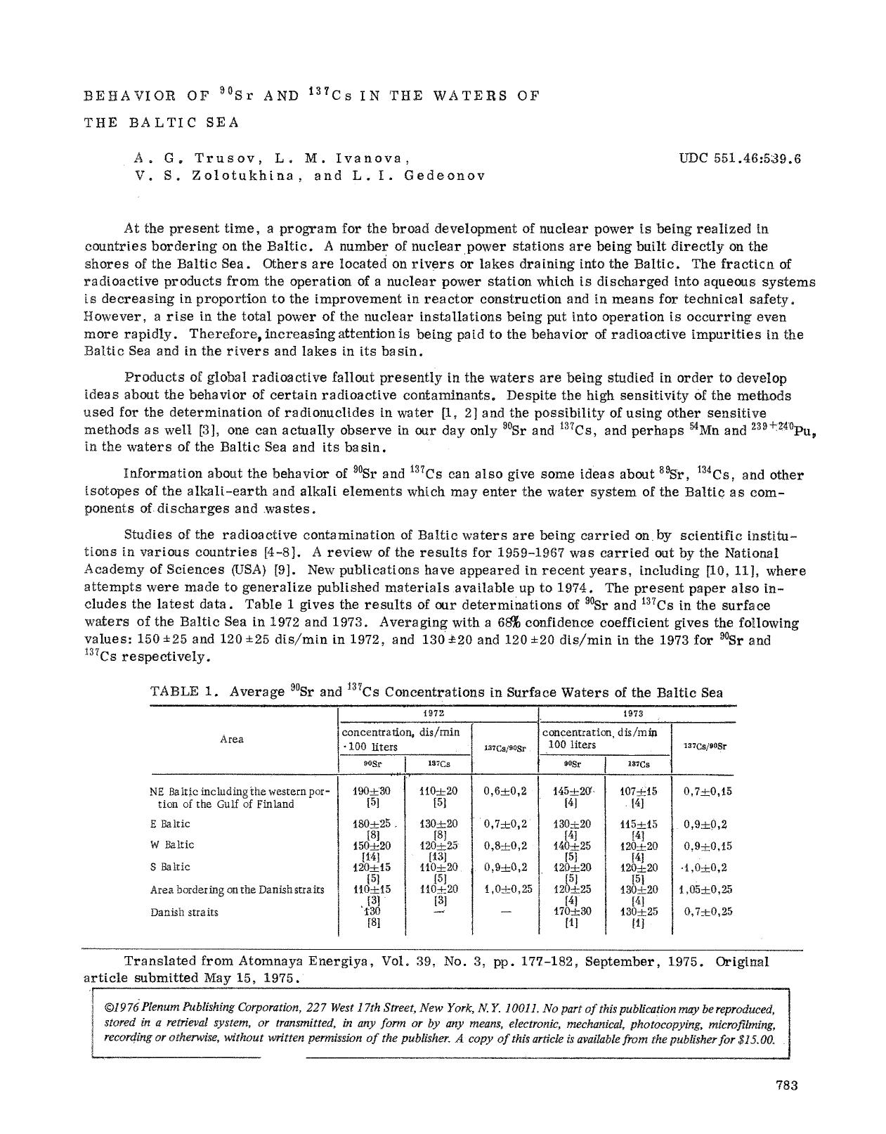Behavior of <Superscript>90 <Superscript>Sr and <Superscript>137 <Superscript>Cs in the waters of the Baltic Sea by Unknown