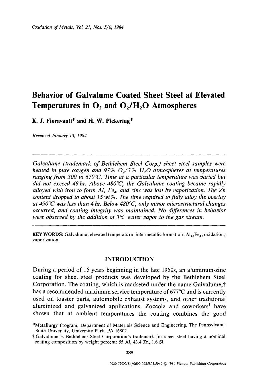 Behavior of Galvalume coated sheet steel at elevated temperatures in O <Subscript>2 <Subscript> and O <Subscript>2 <Subscript>H <Subscript>2 <Subscript>O atmospheres by Unknown