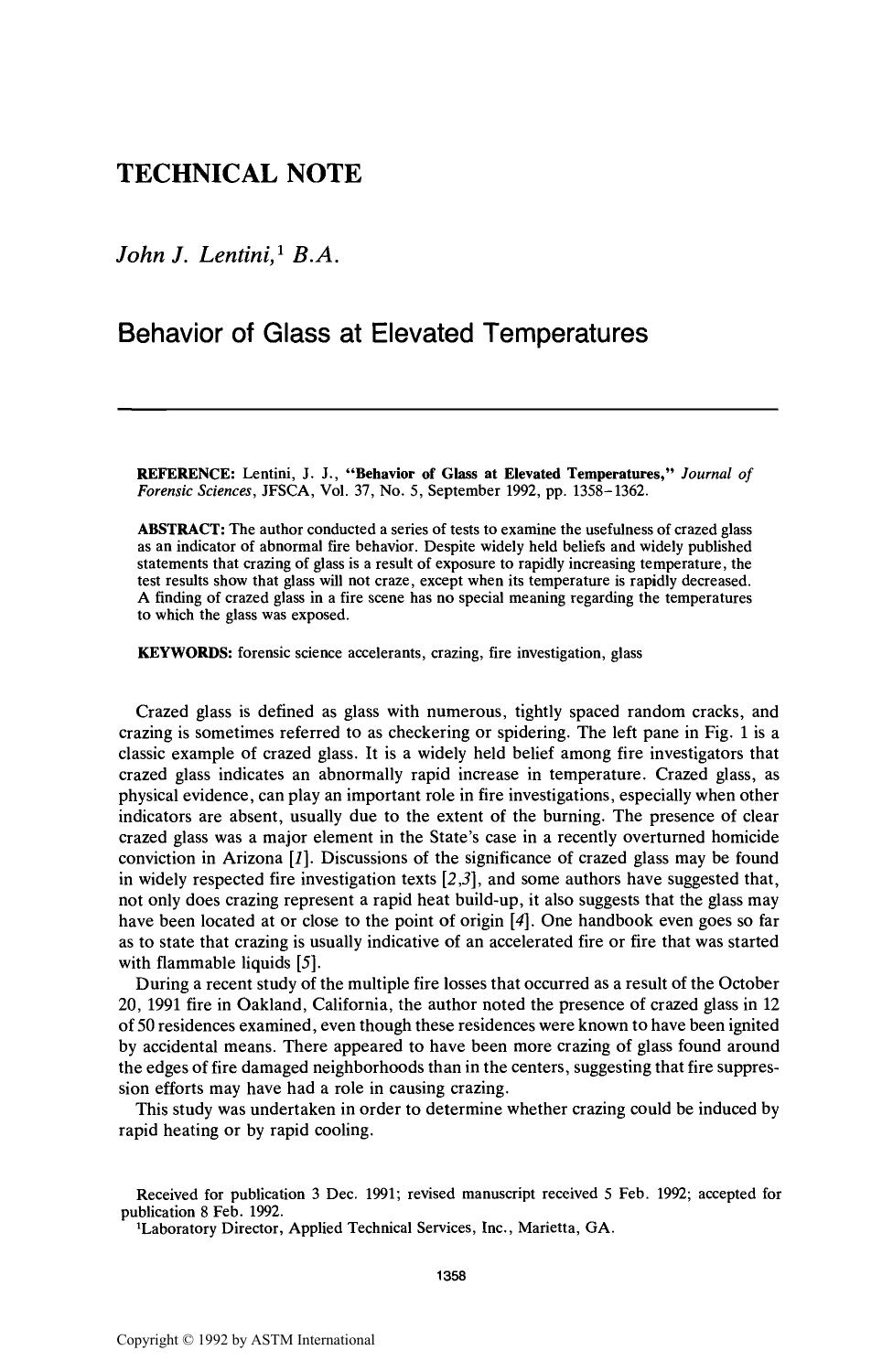 Behavior of Glass at Elevated Temperatures by Lentini JJ