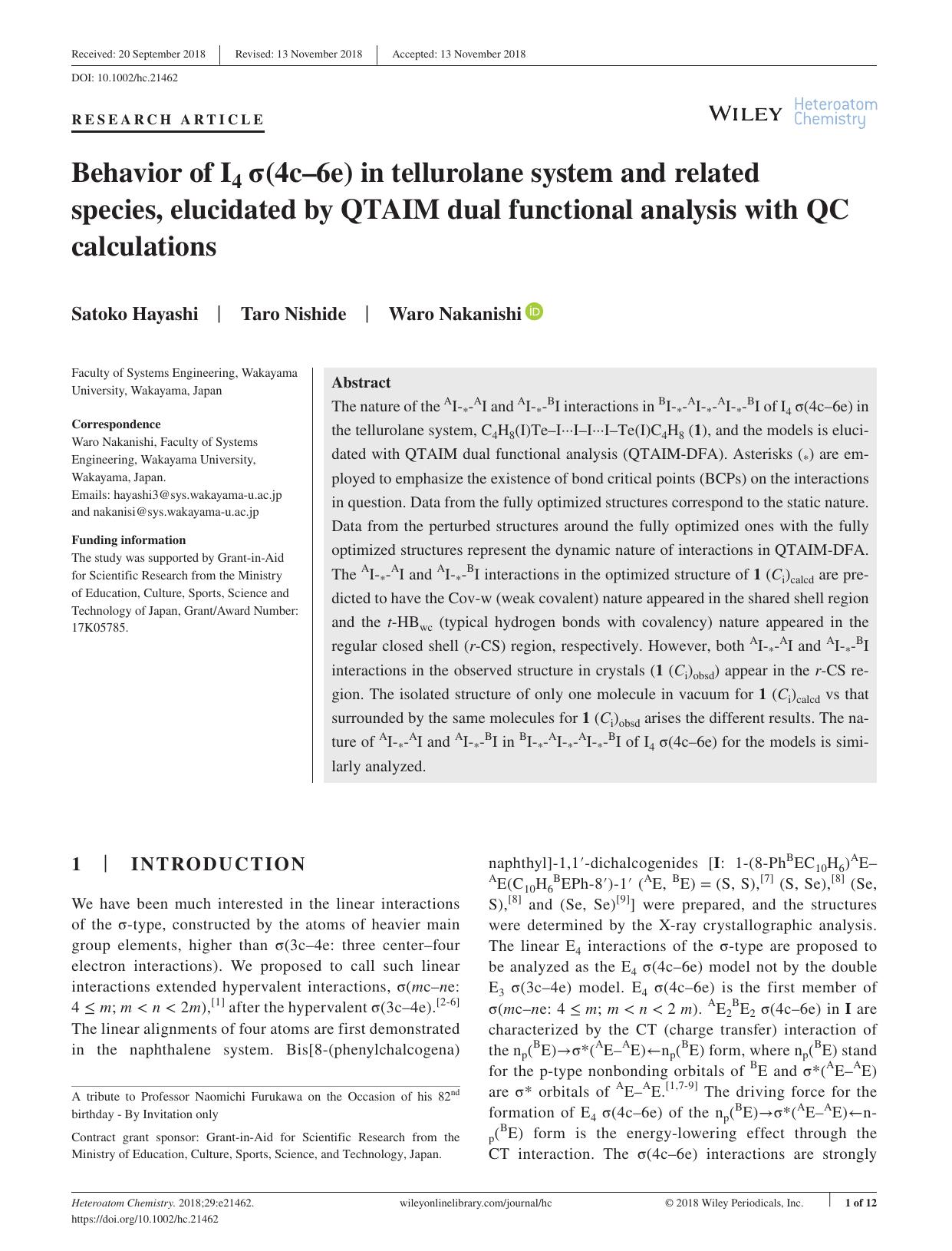 Behavior of I4 Ï(4câ6e) in tellurolane system and related species, elucidated by QTAIM dual functional analysis with QC calculations by Unknown