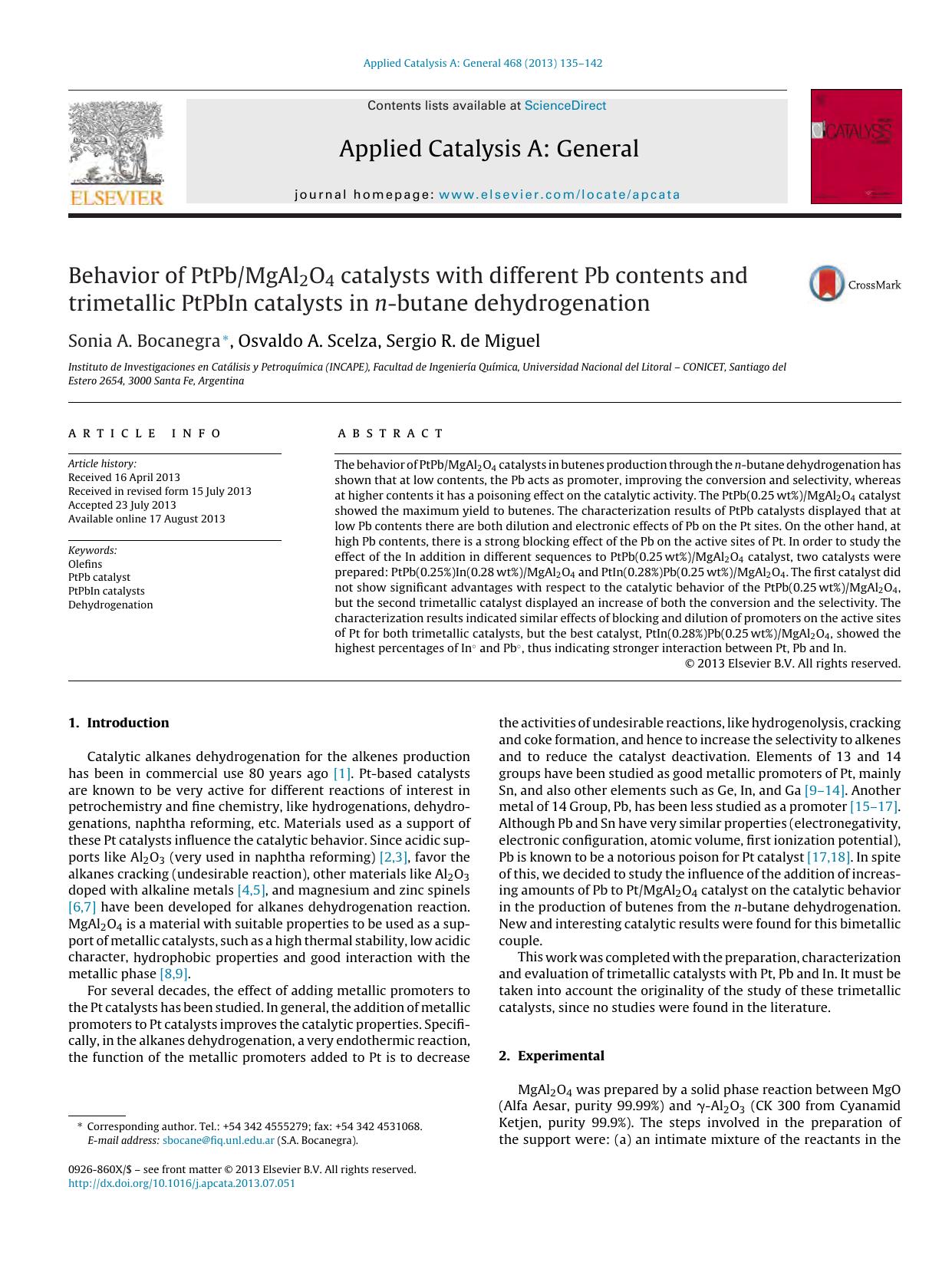 Behavior of PtPbMgAl2O4 catalysts with different Pb contents and trimetallic PtPbIn catalysts in n-butane dehydrogenation by Sonia A. Bocanegra & Osvaldo A. Scelza & Sergio R. de Miguel