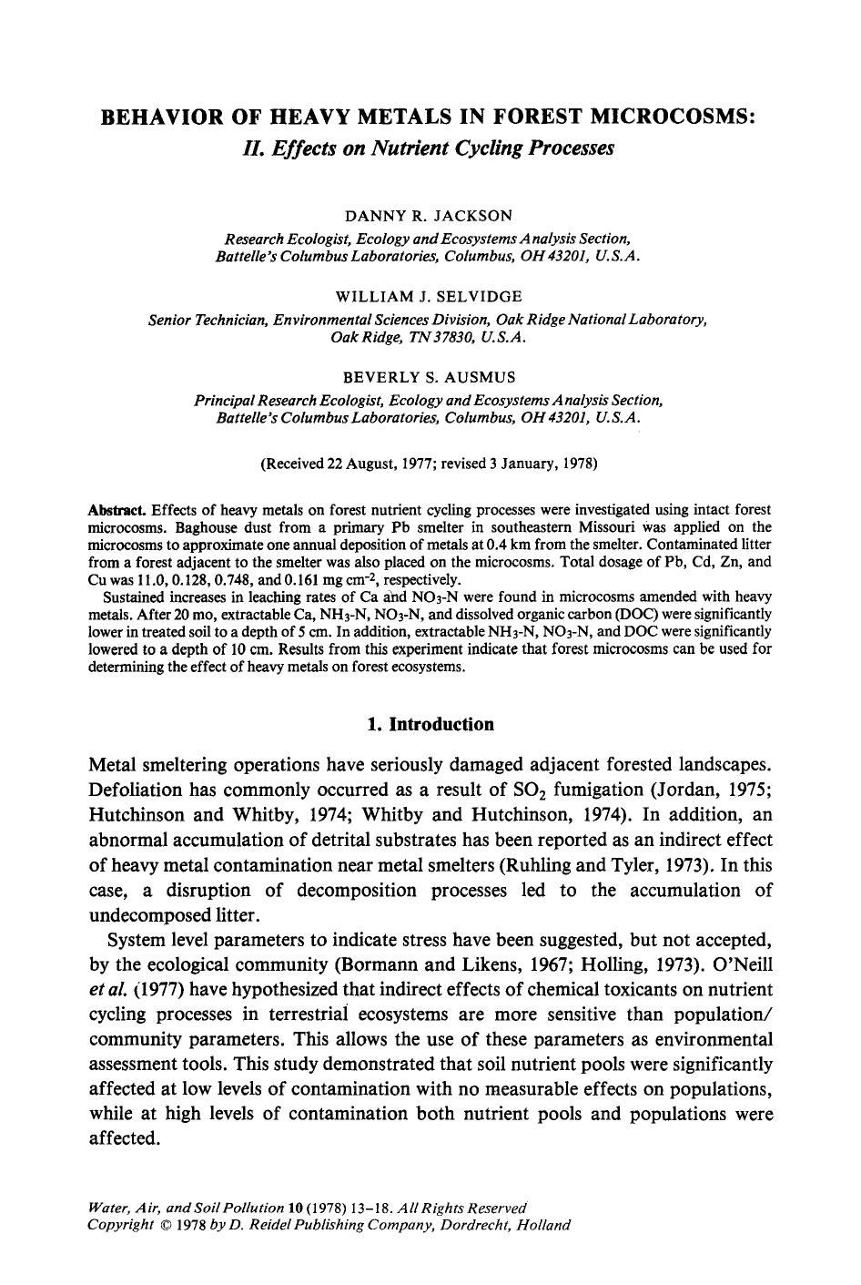 Behavior of heavy metals in forest microcosms: <Emphasis Type="Italic">II. Effects on nutrient cycling processes<Emphasis> by Unknown