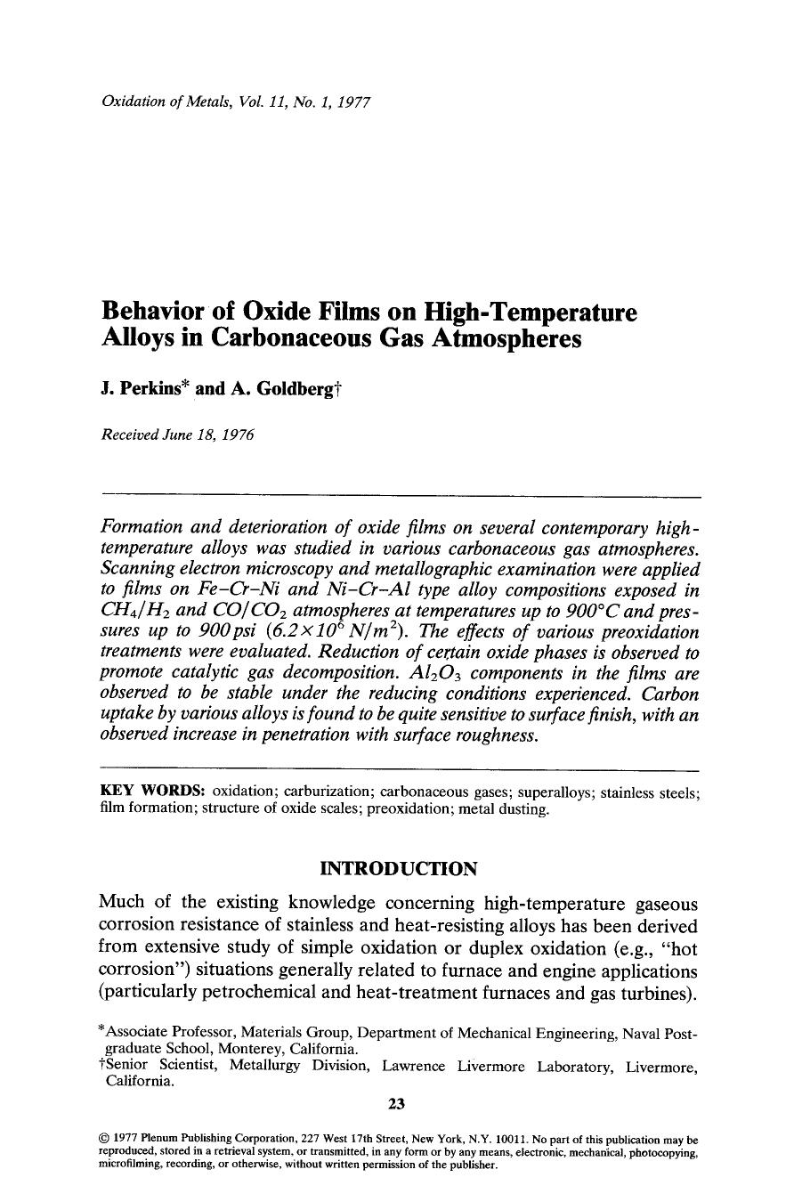 Behavior of oxide films on high-temperature alloys in carbonaceous gas atmospheres by Unknown