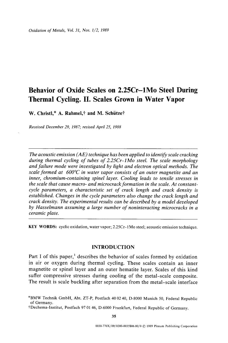 Behavior of oxide scales on 2.25Cr-1Mo steel during thermal cycling. II. Scales grown in water vapor by Unknown