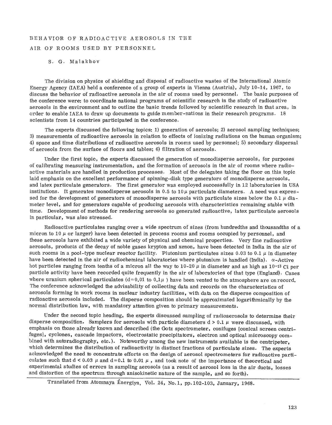 Behavior of radioactive aerosols in the air of rooms used by personnel by Unknown