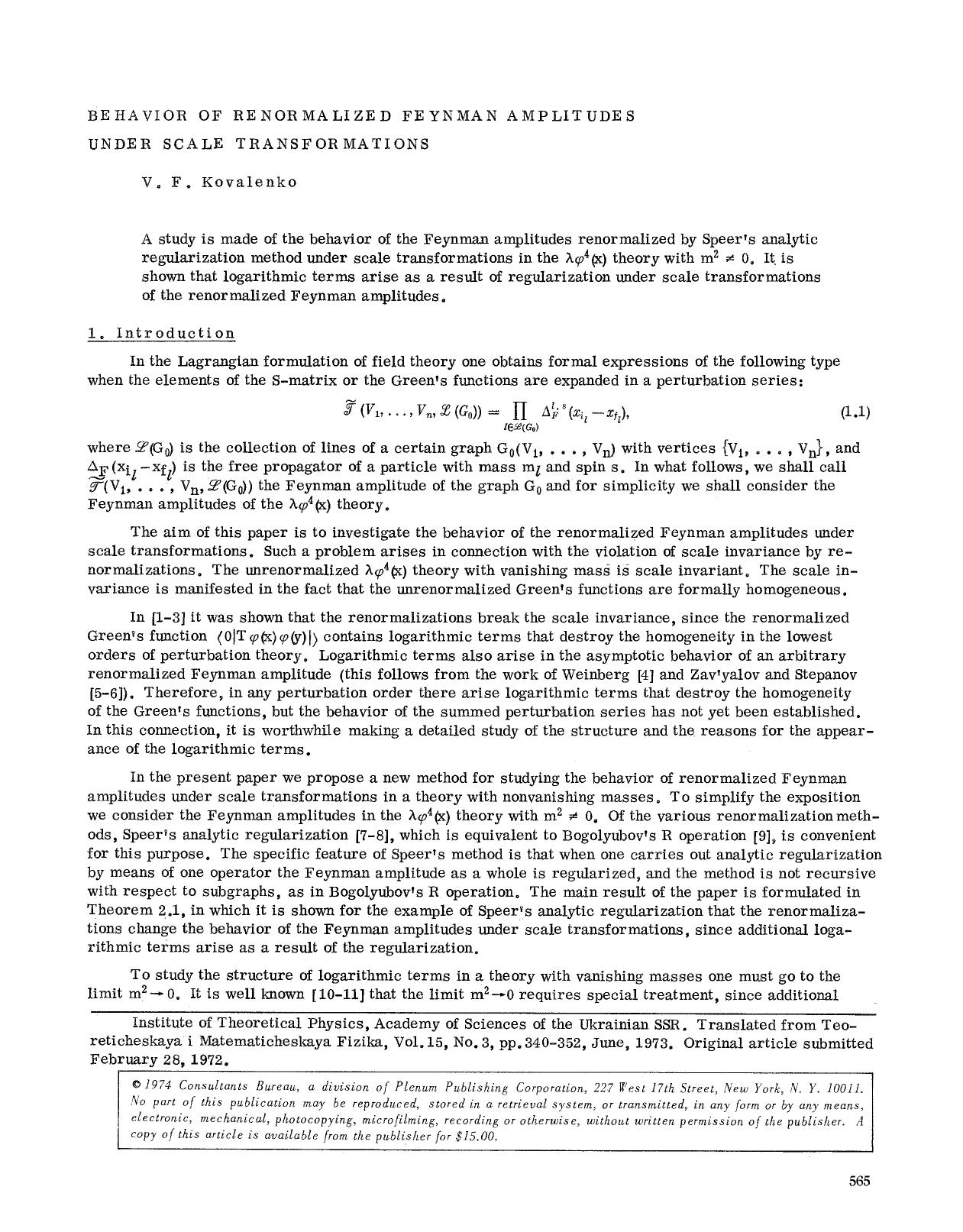 Behavior of renormalized Feynman amplitudes under scale transformations by Unknown