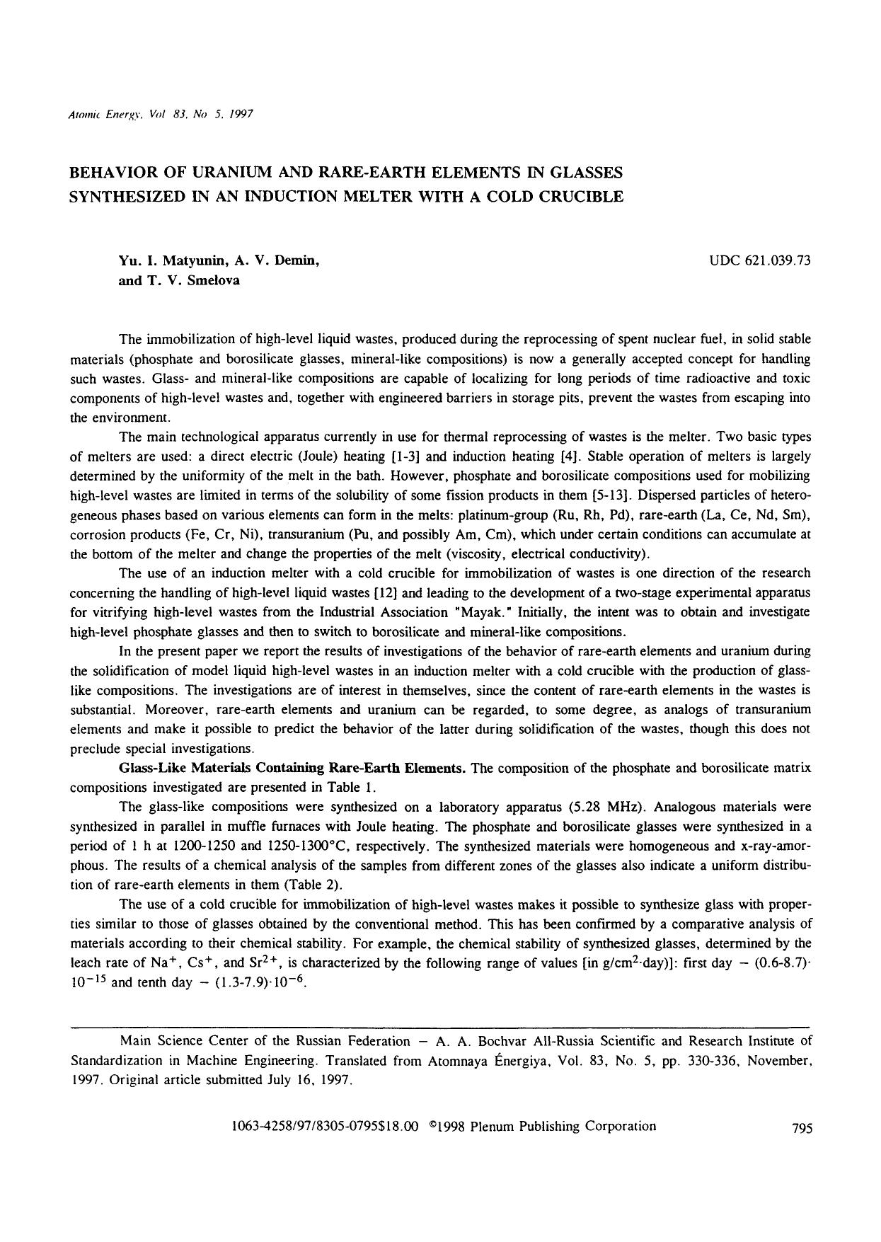 Behavior of uranium and rare-earth elements in glasses synthesized in an induction melter with a cold crucible by Unknown