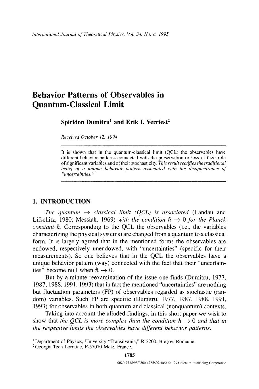 Behavior patterns of observables in quantum-classical limit by Unknown