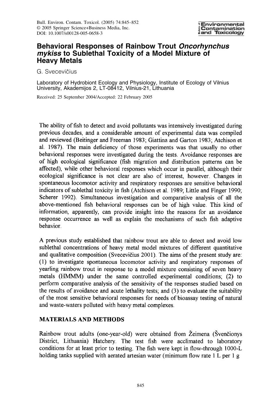 Behavioral Responses of Rainbow Trout Oncorhynchus mykiss to Sublethal Toxicity of a Model Mixture of Heavy Metals by Svecevicius G