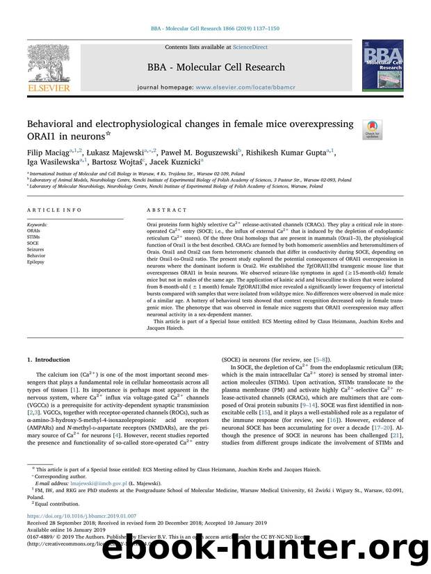 Behavioral and electrophysiological changes in female mice overexpressing ORAI1 in neurons by unknow