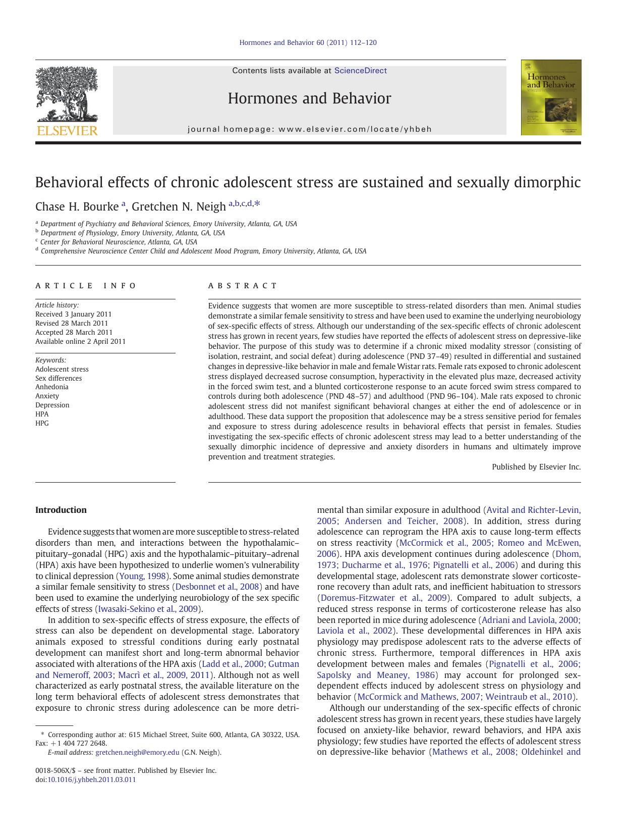 Behavioral effects of chronic adolescent stress are sustained and sexually dimorphic by Chase H. Bourke