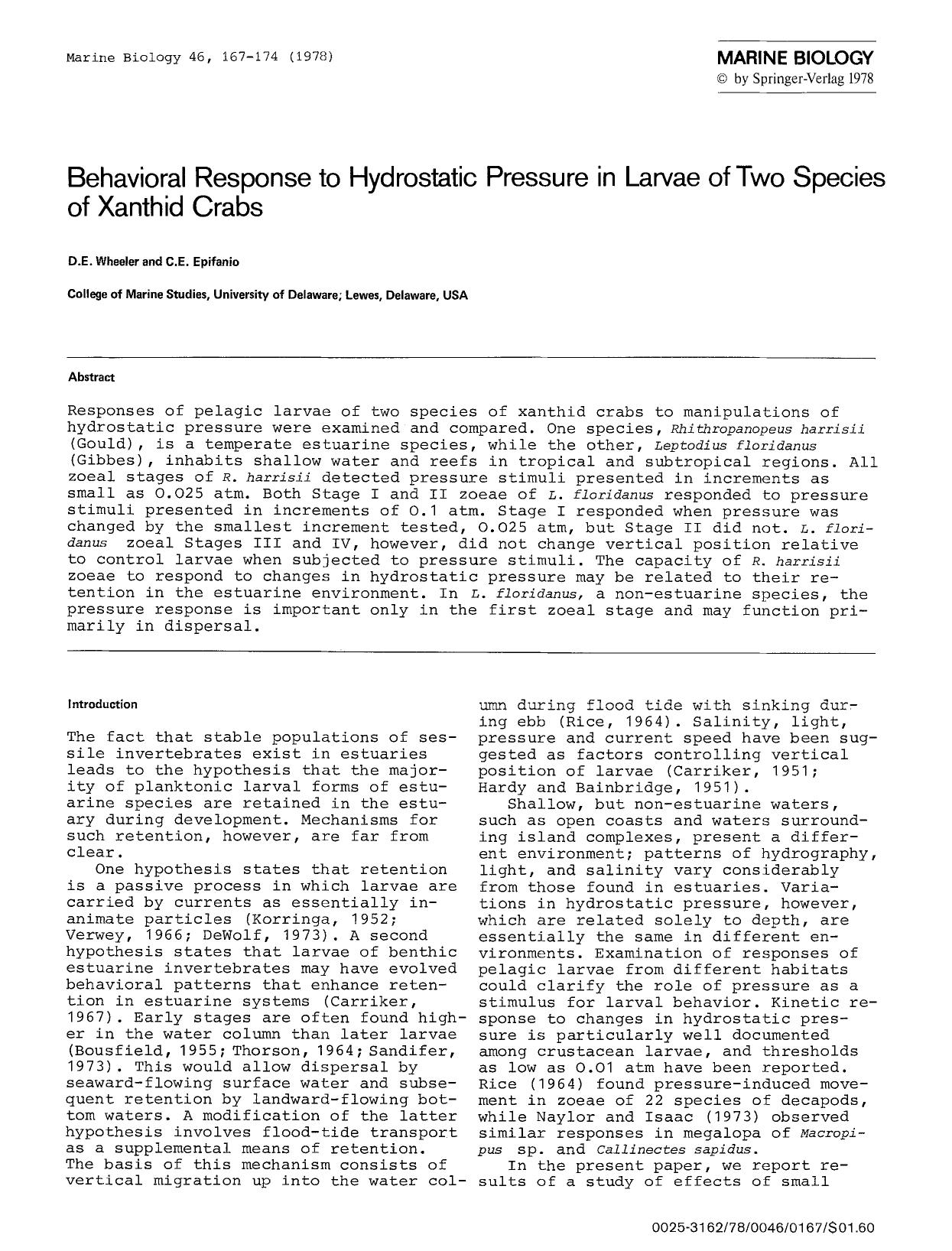 Behavioral response to hydrostatic pressure in larvae of two species of xanthid crabs by Unknown