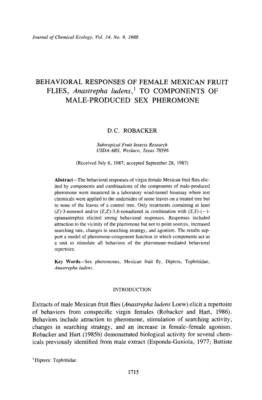 Behavioral responses of female Mexican fruit flies, <Emphasis Type="Italic">Anastrepha ludens <Emphasis>, to components of male-produced sex pheromone by Unknown