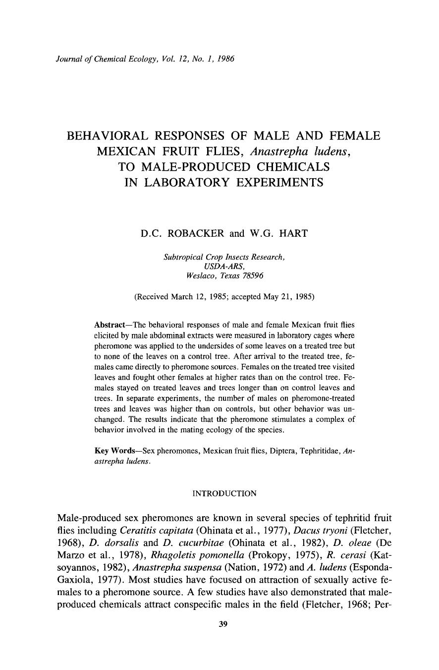 Behavioral responses of male and female Mexican fruit flies, <Emphasis Type="Italic">Anastrepha ludens <Emphasis>, to male-produced chemicals in laboratory experiments by Unknown