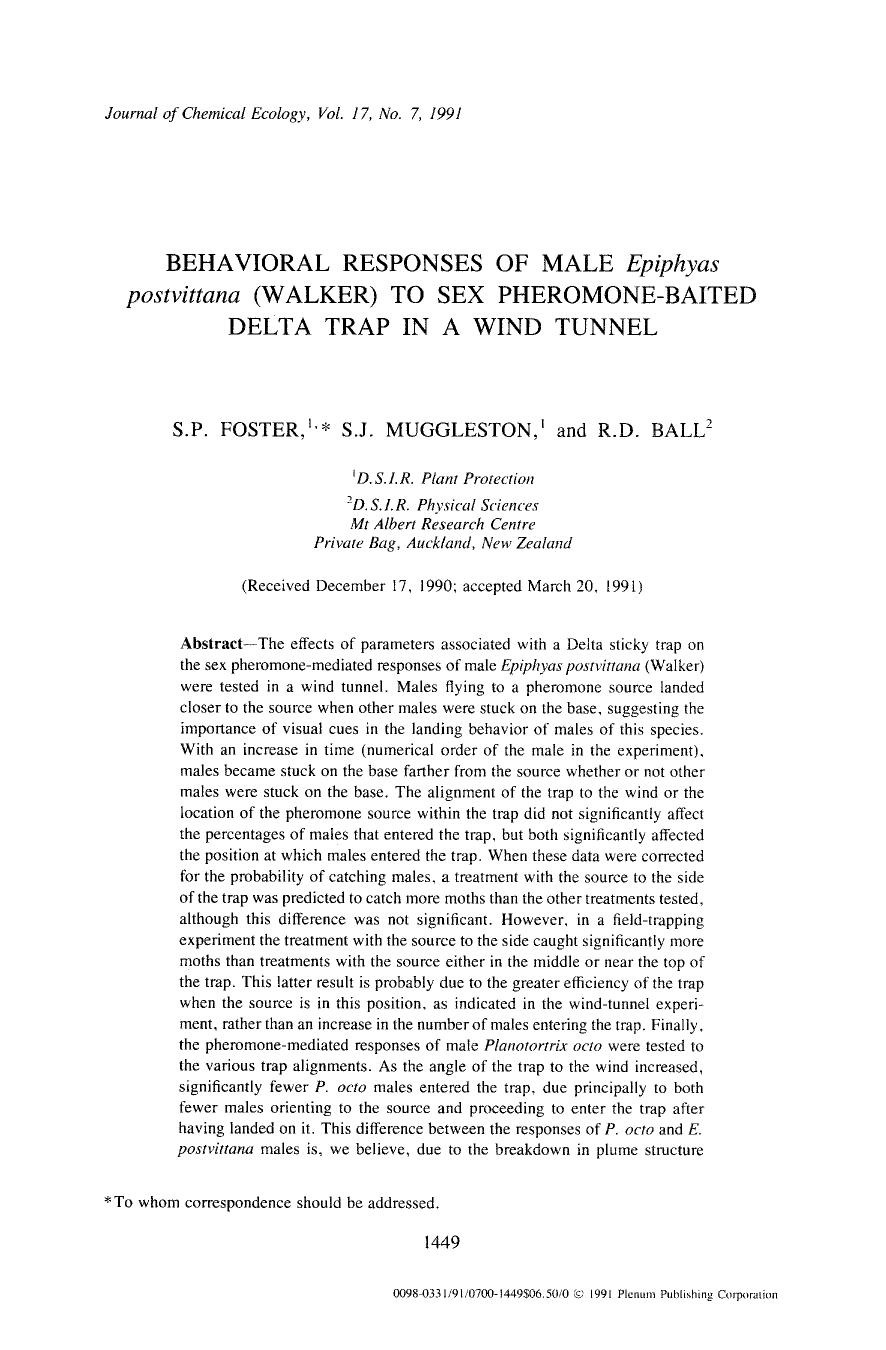 Behavioral responses of male epiphyas <Emphasis Type="Italic">Postvittana <Emphasis> (walker) to sex pheromone-baited delta trap in a wind tunnel by Unknown