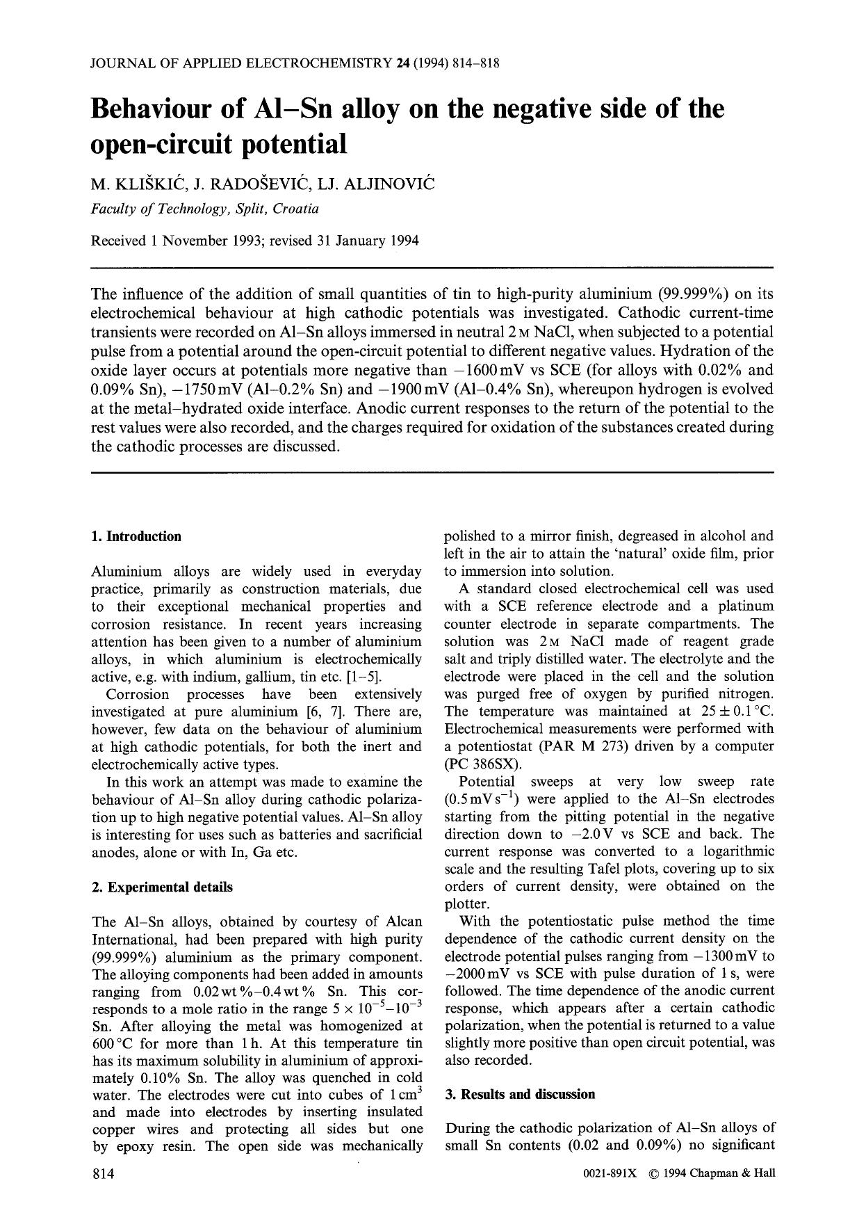 Behaviour of Al-Sn alloy on the negative side of the open-circuit potential by Unknown