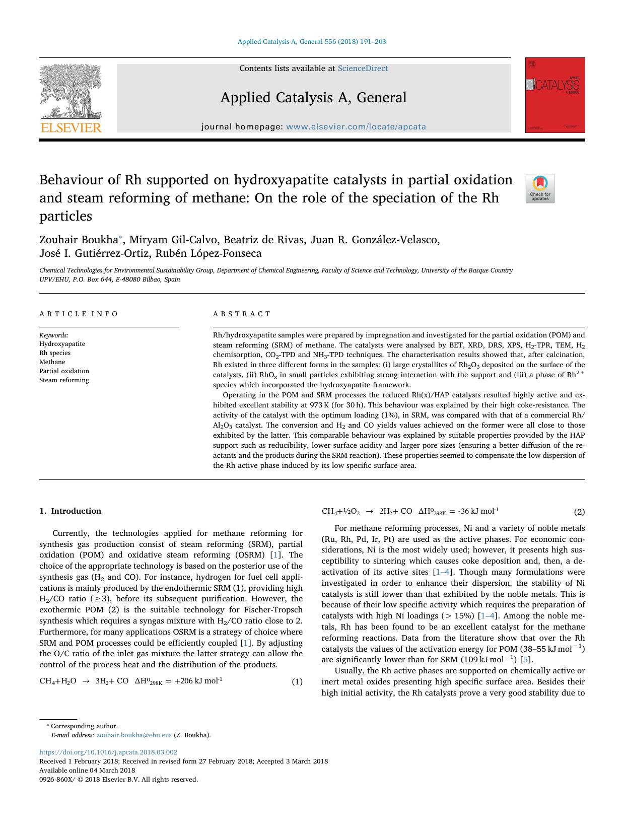Behaviour of Rh supported on hydroxyapatite catalysts in partial oxidation and steam reforming of methane_ On the role of the speciation of the Rh particles by unknow