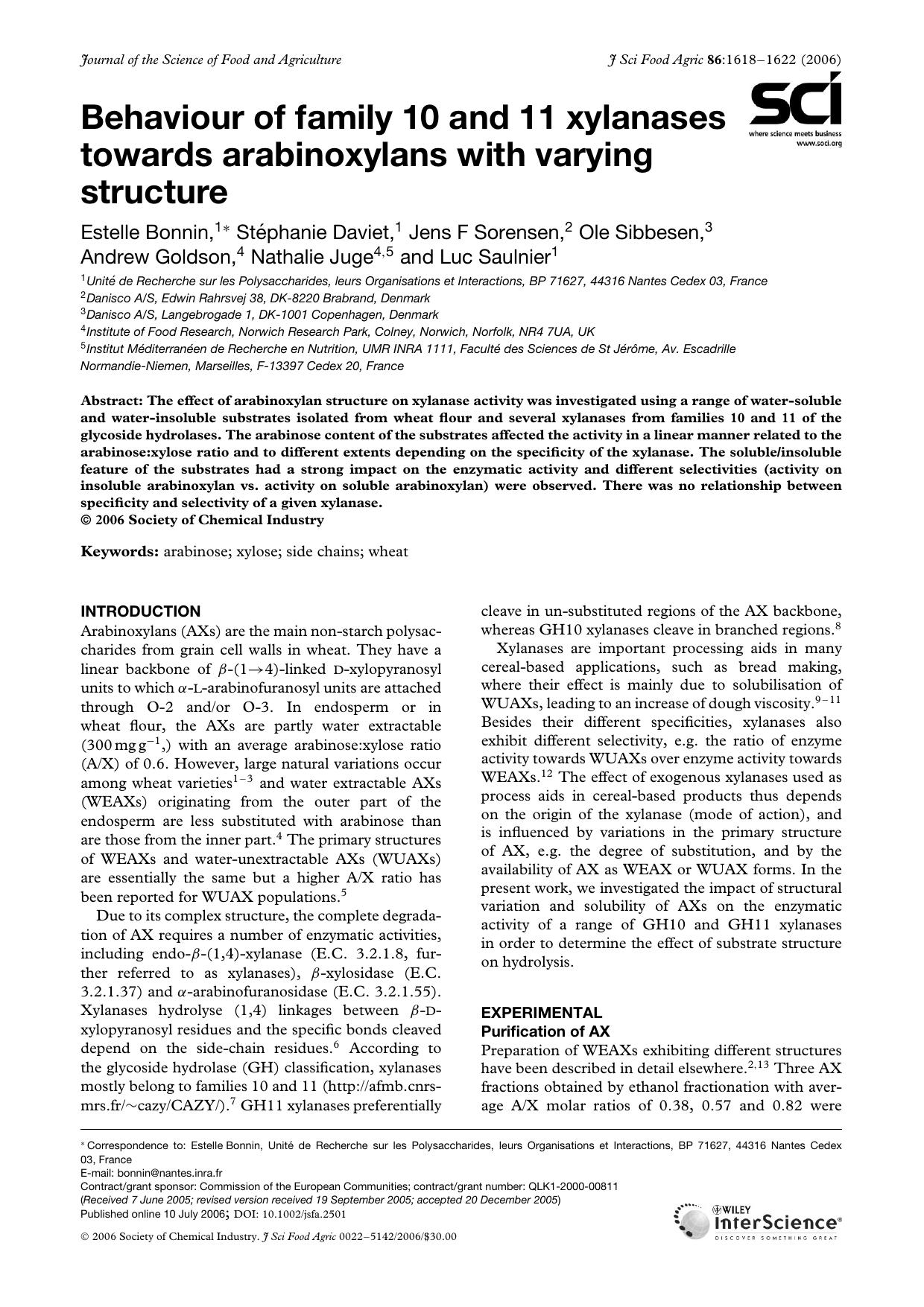 Behaviour of family 10 and 11 xylanases towards arabinoxylans with varying structure by Unknown