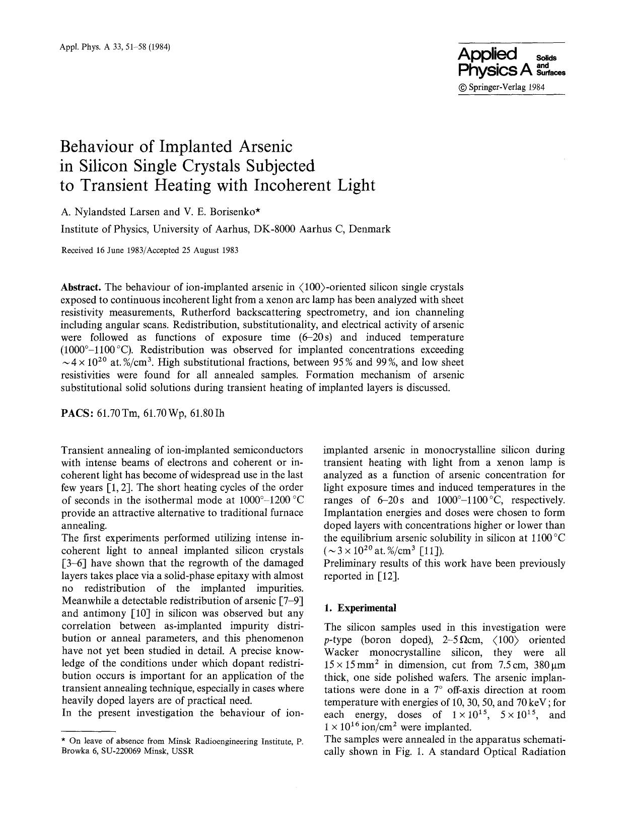 Behaviour of implanted arsenic in silicon single crystals subjected to transient heating with incoherent light by Unknown