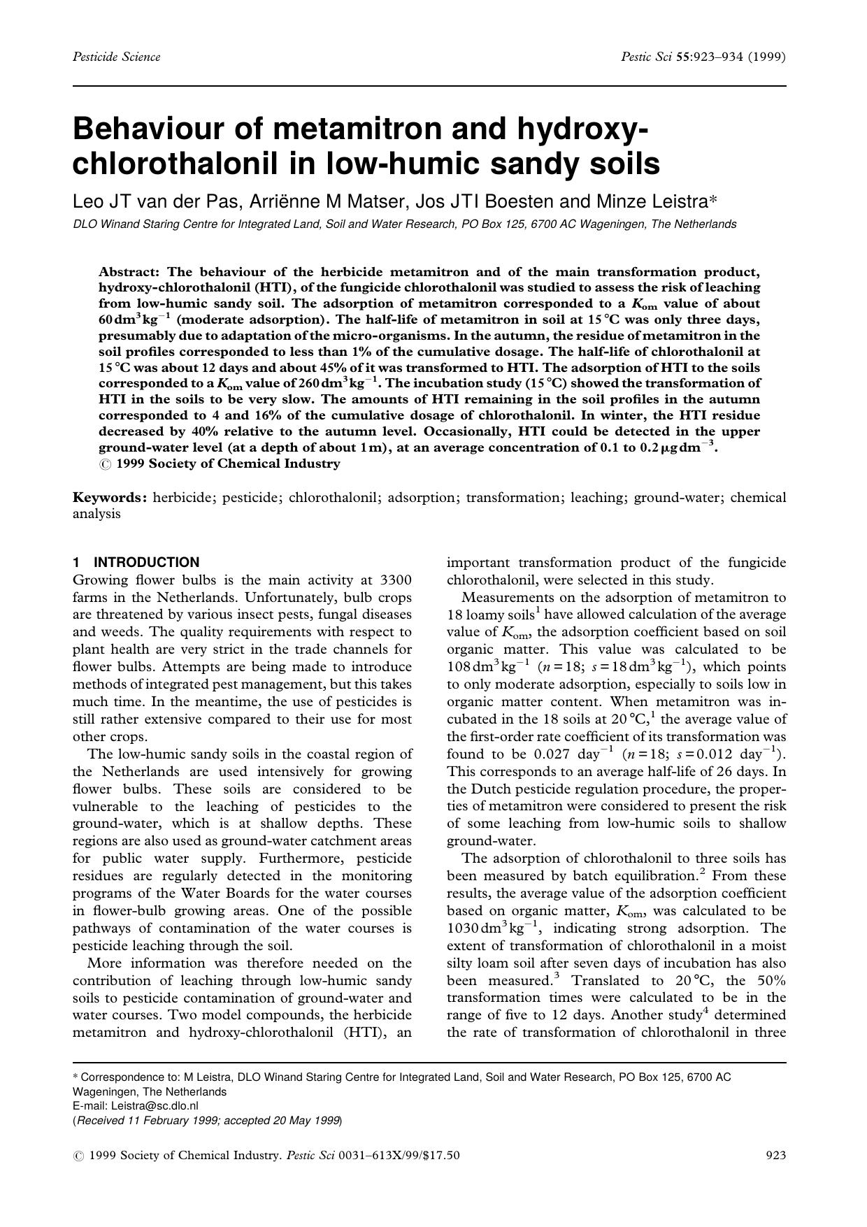 Behaviour of metamitron and hydroxychlorothalonil in lowhumic sandy soils by Unknown