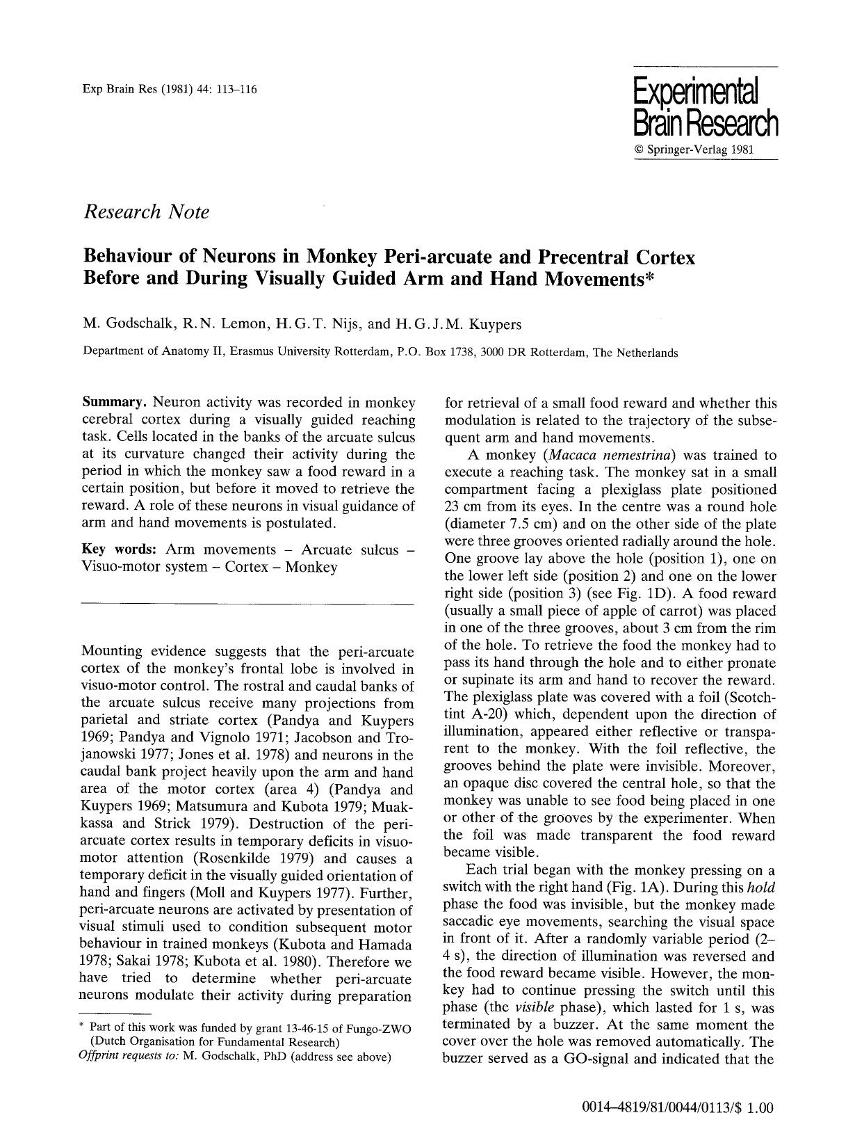 Behaviour of neurons in monkey peri-arcuate and precentral cortex before and during visually guided arm and hand movements by Unknown