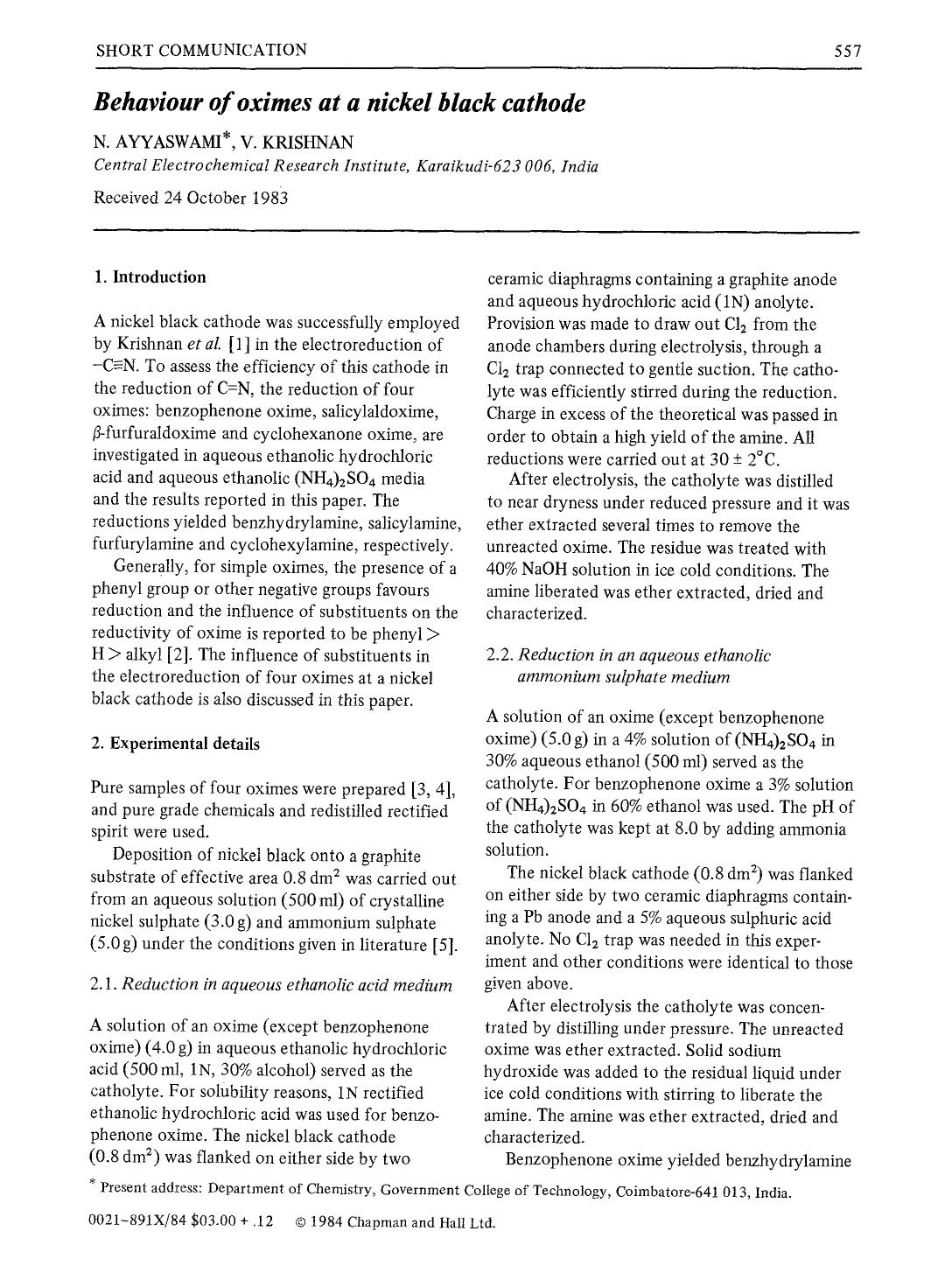 Behaviour of oximes at a nickel black cathode by Unknown