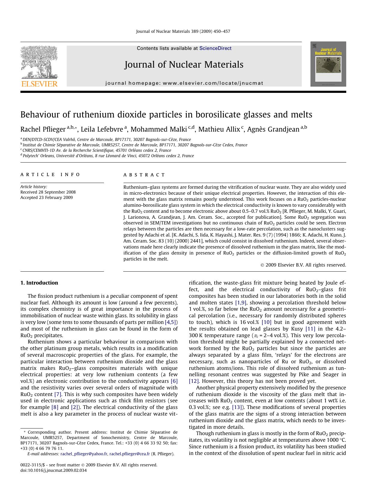 Behaviour of ruthenium dioxide particles in borosilicate glasses and melts by Rachel Pflieger; Leila Lefebvre; Mohammed Malki; Mathieu Allix; Agnès Grandjean