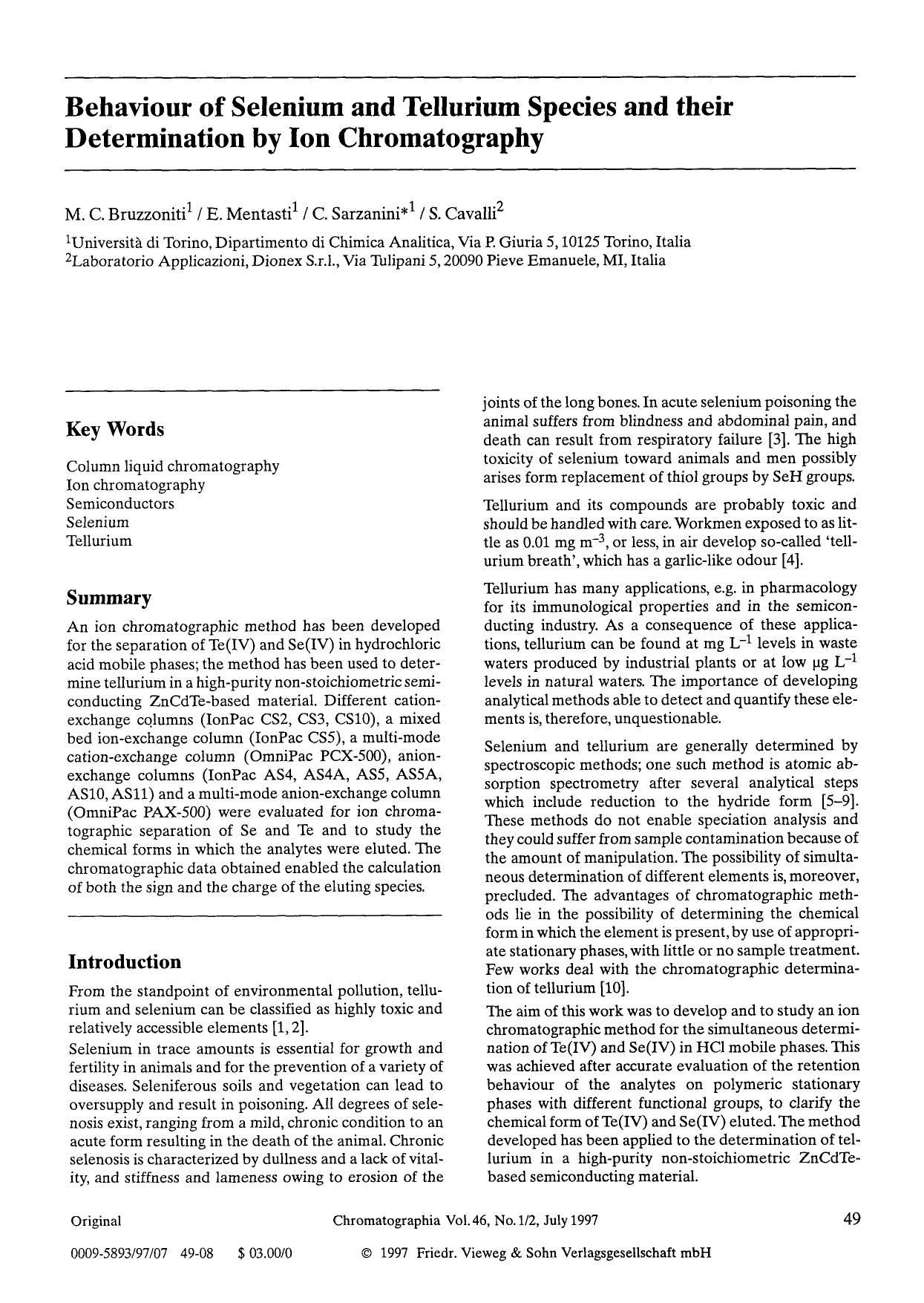 Behaviour of selenium and tellurium species and their determination by ion chromatography by Unknown