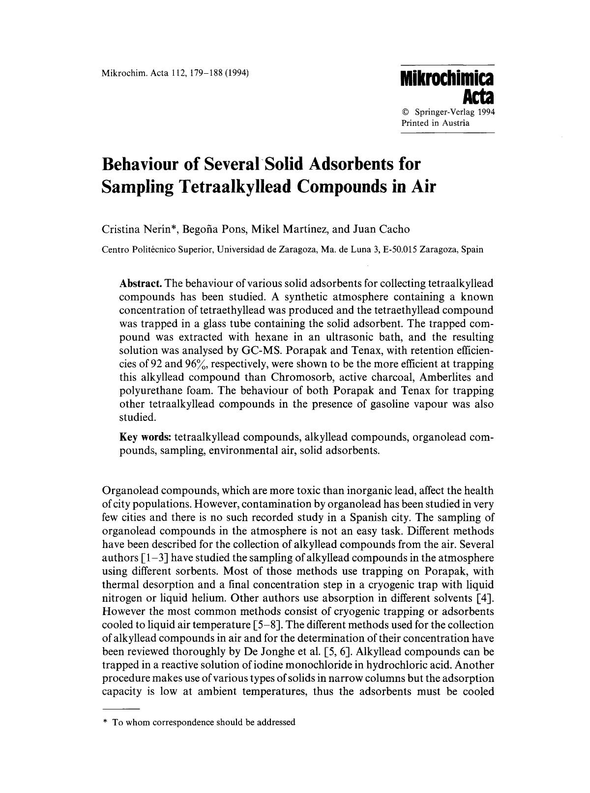 Behaviour of several solid adsorbents for sampling tetraalkyllead compounds in air by Unknown