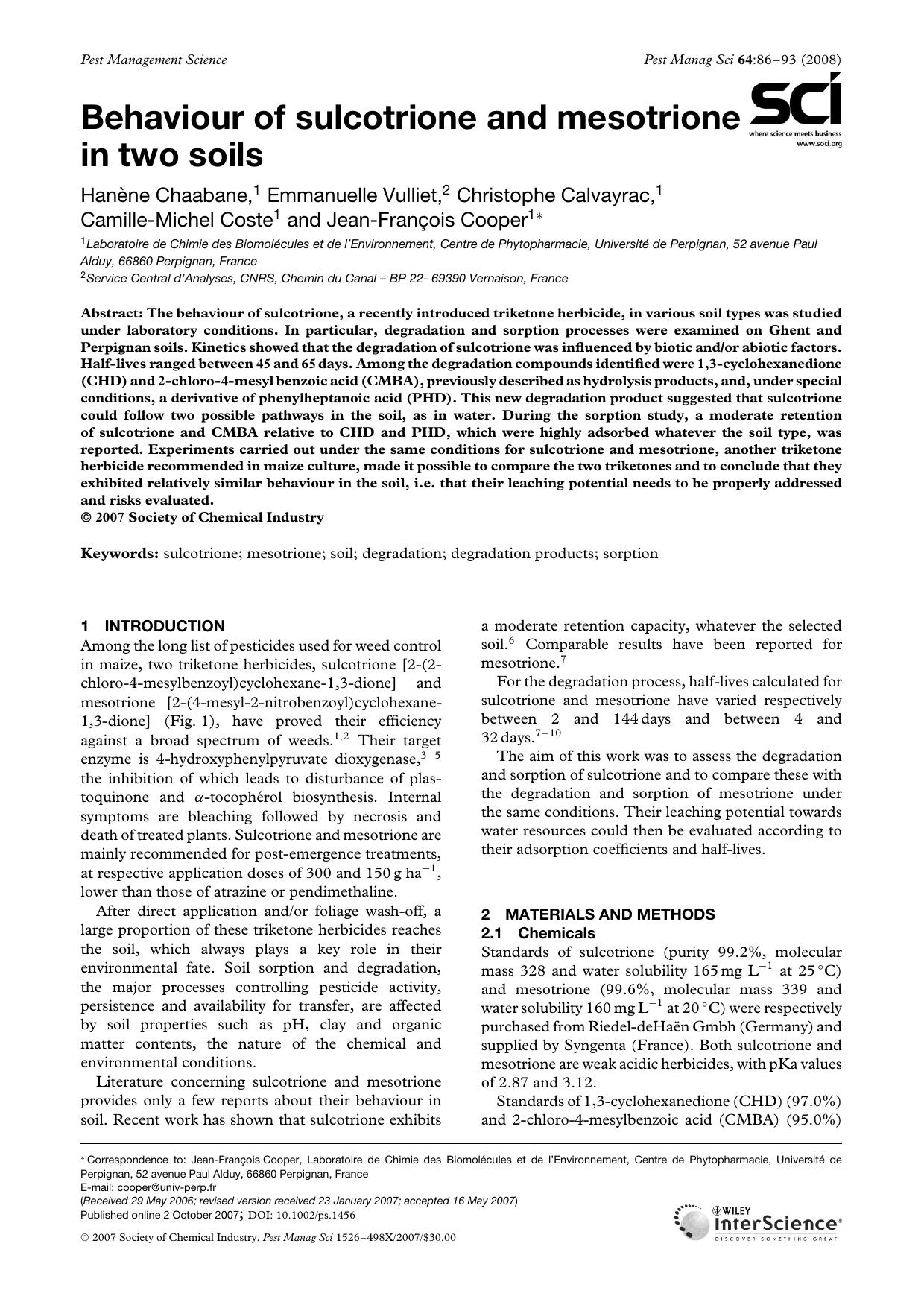 Behaviour of sulcotrione and mesotrione in two soils by Unknown