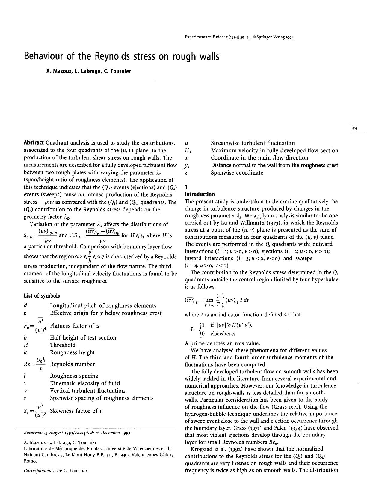 Behaviour of the Reynolds stress on rough walls by Unknown