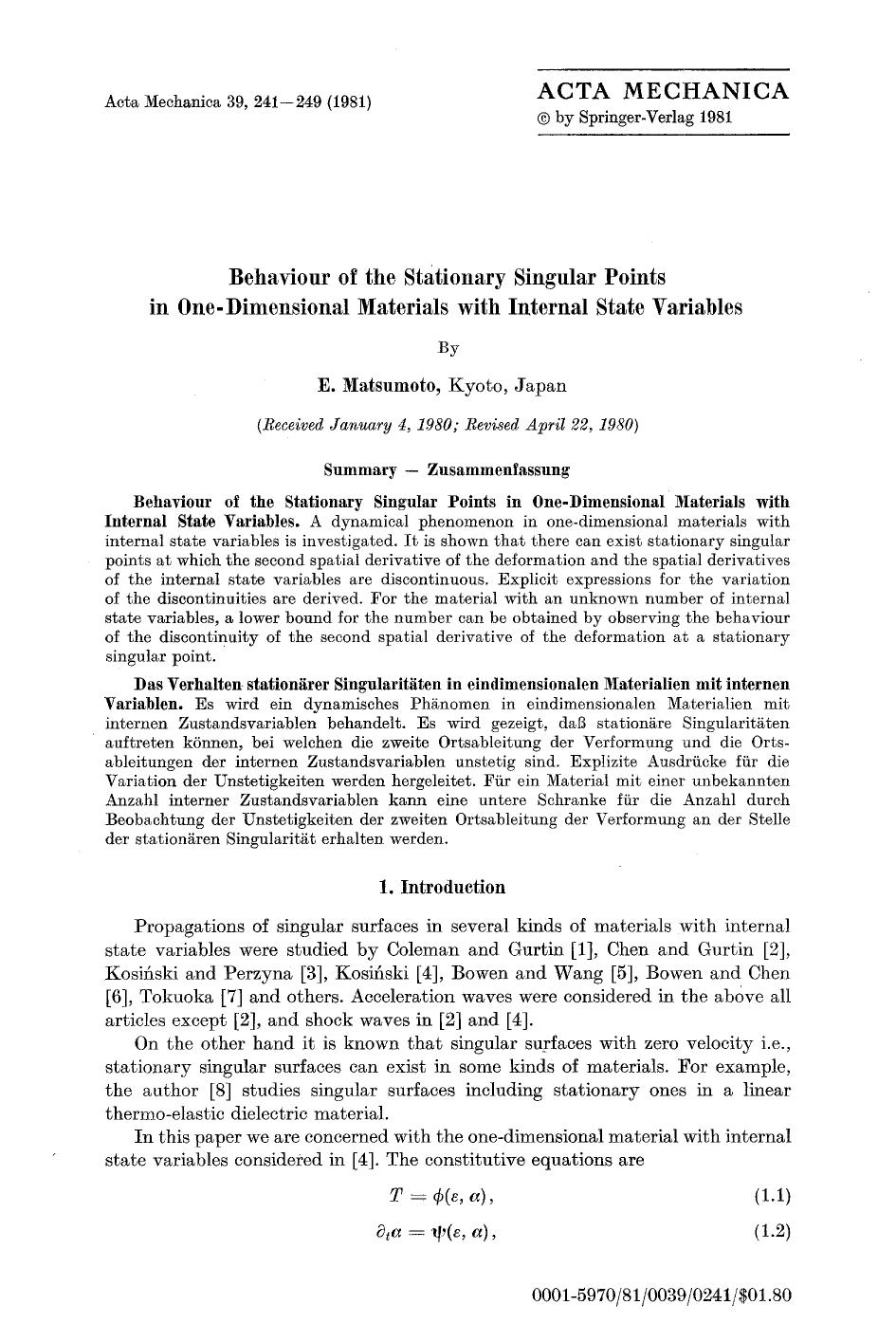 Behaviour of the stationary singular points in one-dimensional materials with internal state variables by Unknown