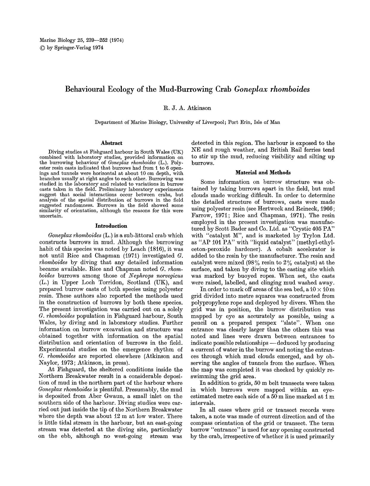 Behavioural ecology of the mud-burrowing crab <Emphasis Type="Italic">Goneplax rhomboides<Emphasis> by Unknown