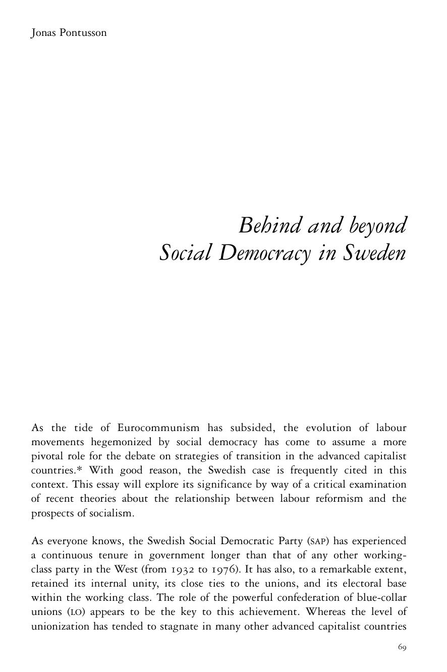 Behind and beyond Social Democracy in Sweden by Jonas Pontusson