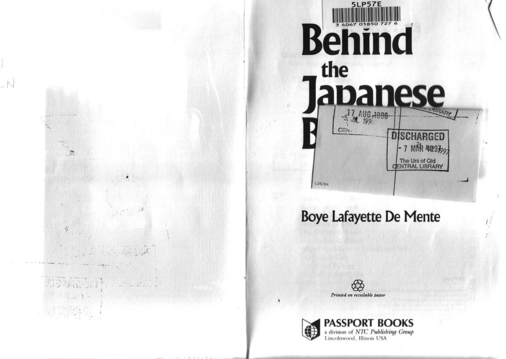 Behind the Japanese Bow by Boye De Mente