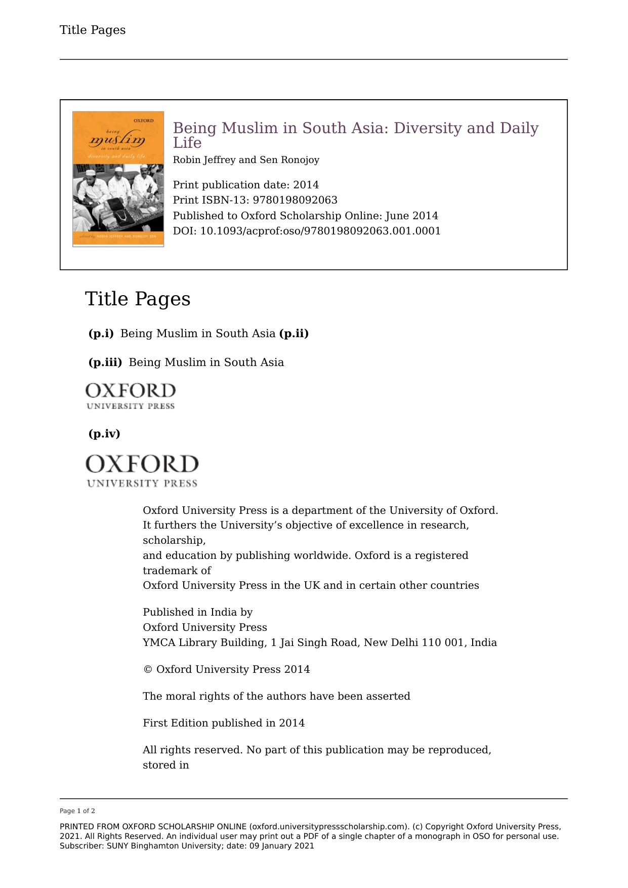 Being Muslim in South Asia: Diversity and Daily Life by Robin Jeffrey and Ronojoy Sen