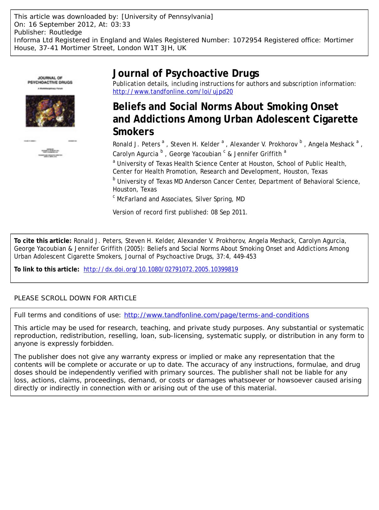 Beliefs and Social Norms About Smoking Onset and Addictions Among Urban Adolescent Cigarette Smokers by unknow