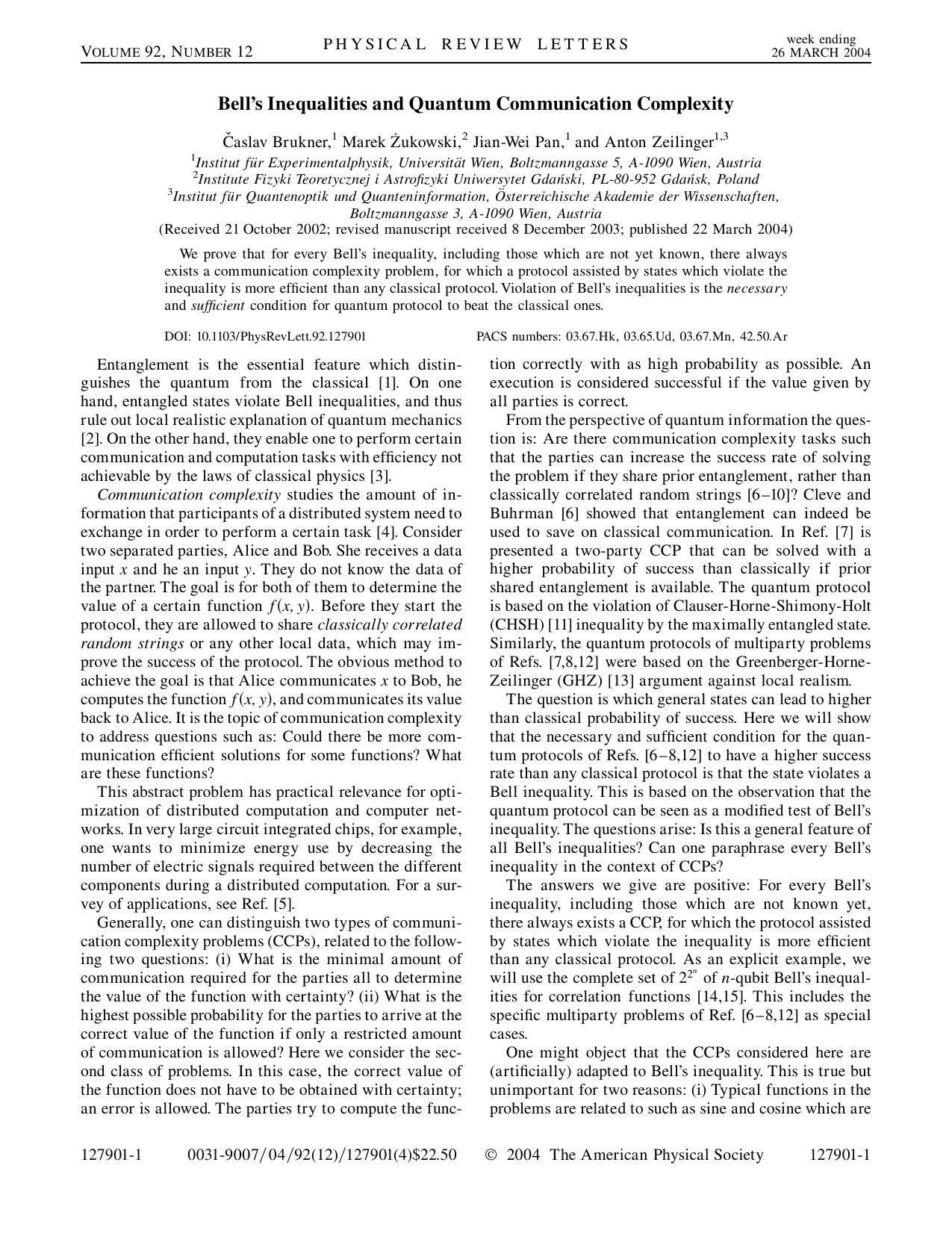 Bellâs Inequalities and Quantum Communication Complexity (2004) by Unknown