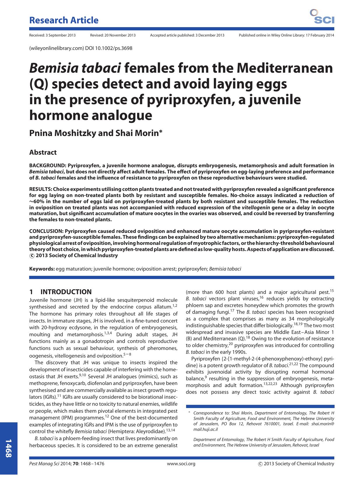 Bemisia tabaci females from the Mediterranean (Q) species detect and avoid laying eggs in the presence of pyriproxyfen, a juvenile hormone analogue by Unknown